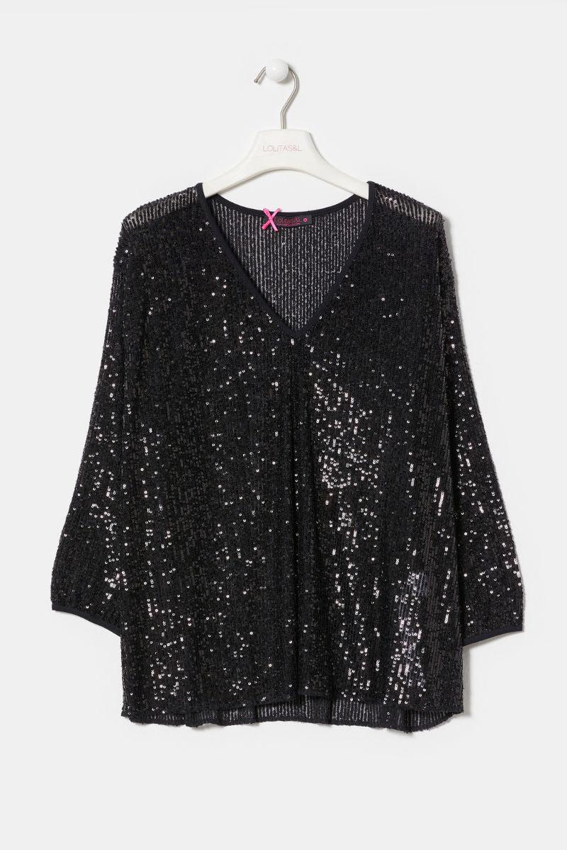 Lolitas&l Camiseta Negra Lentejuelas Escote En Uve LolitasyL