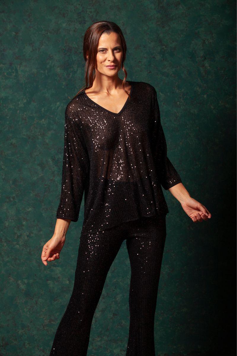 Lolitas&l Camiseta Negra Lentejuelas Escote En Uve LolitasyL