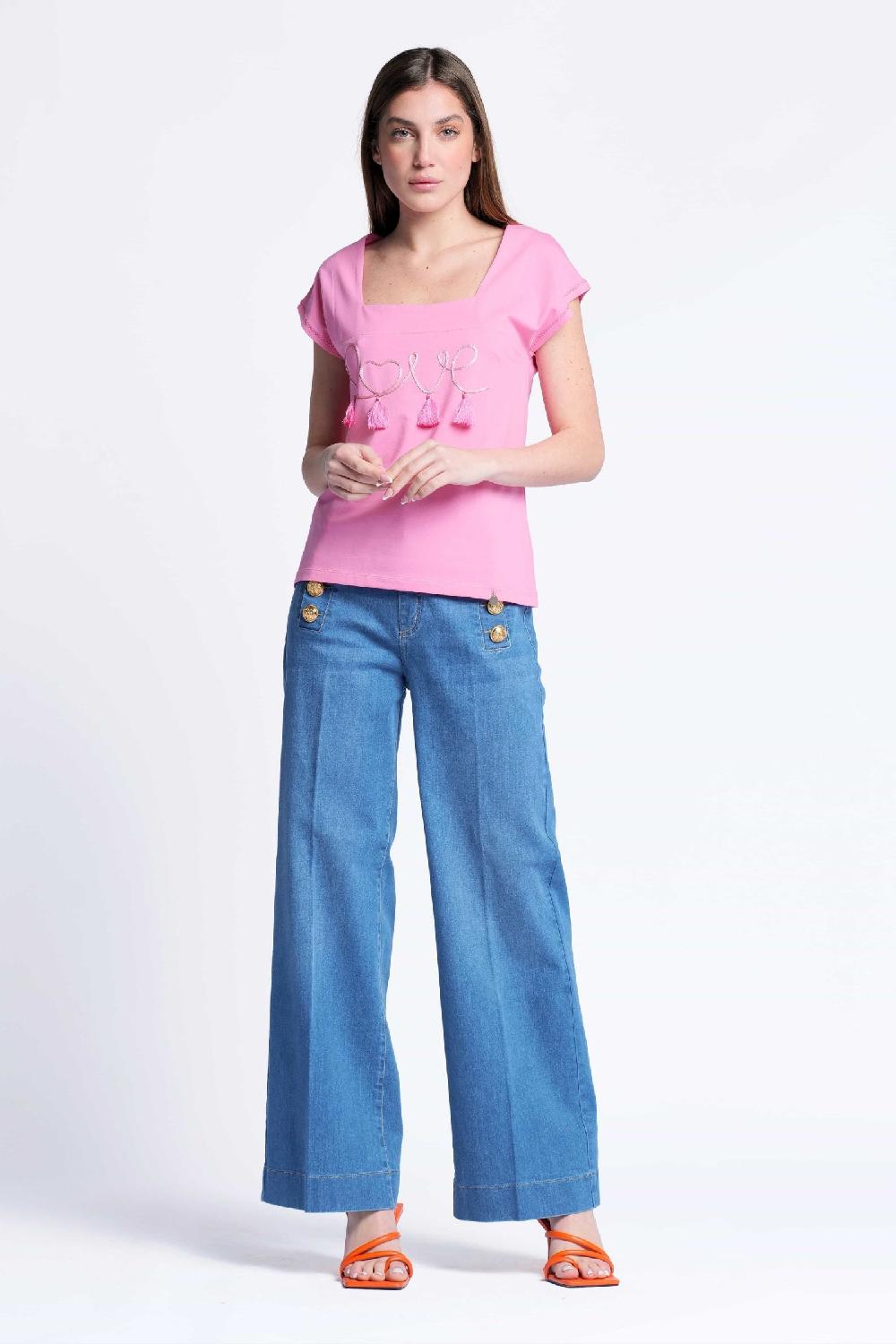 Lolitas&l Camiseta Rosa Bordado Love Escote Cuadrado Lolitas&L