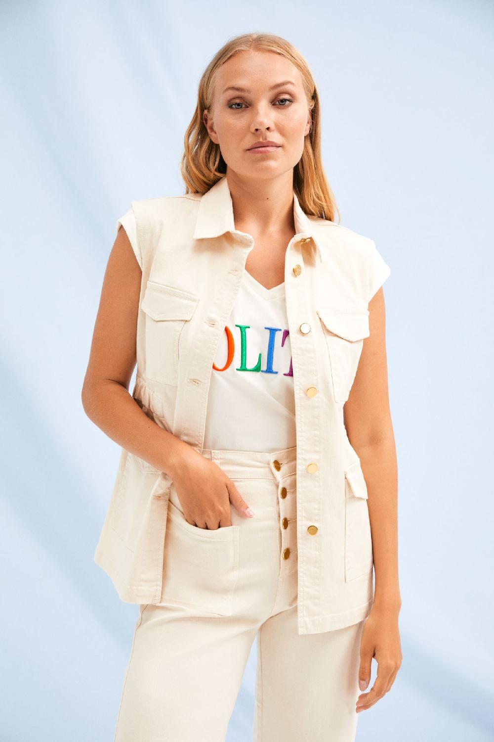 lolitas&l Cazadora vaquera crema sin mangas con bolsillos Lolitas&L