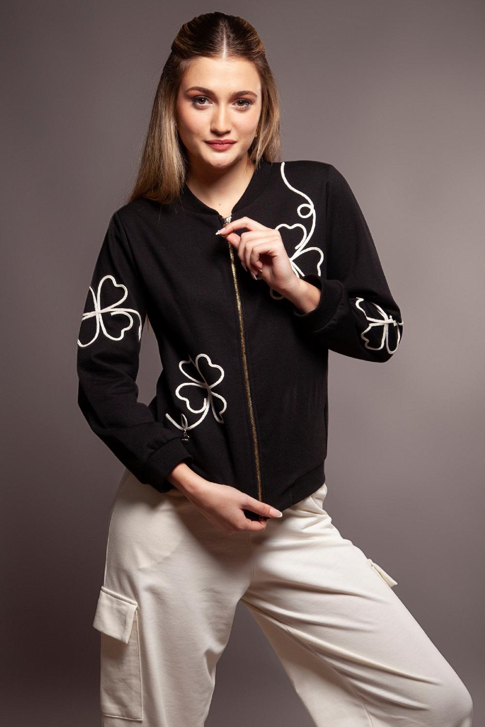 Lolitas&l Chaqueta Negra Bordado Flor En Contraste Cremallera Lolitas&L