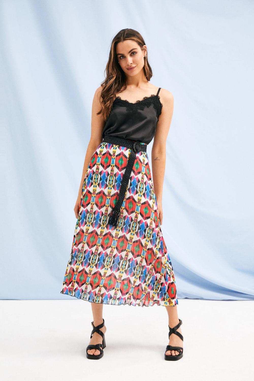 Lolitas&l Falda Larga Plisada Con Estampado Etnico Lolitas&L