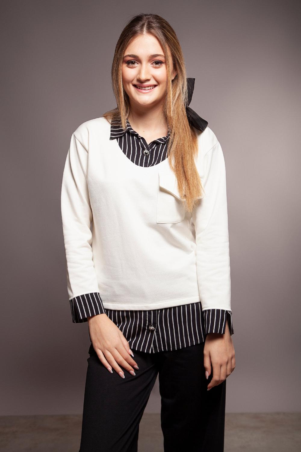 Lolitas&l Sudadera Blanca Con Detalle Camisero De Rayas Y Bolsillo Lolitas&L