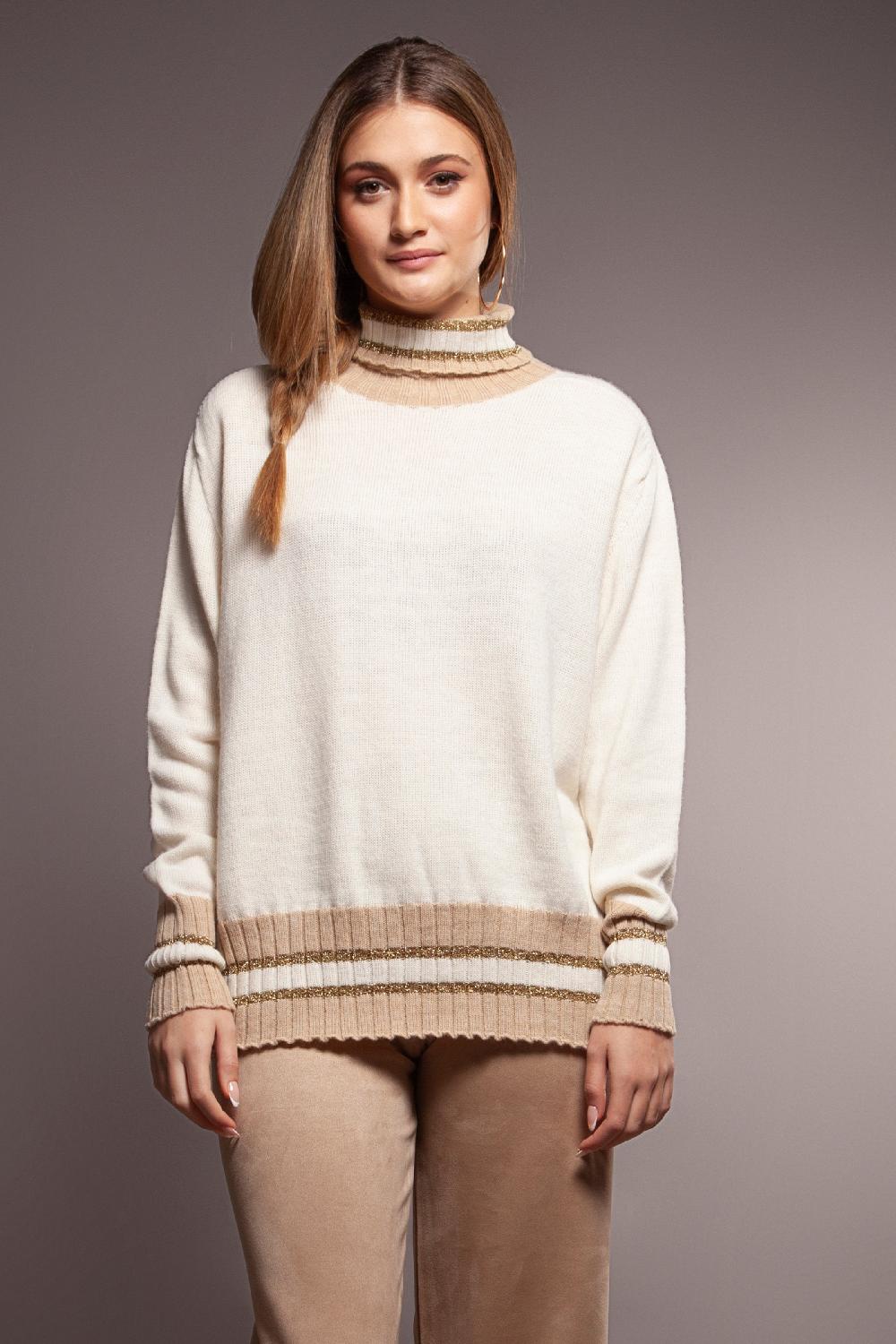 Lolitas&l Suéter Crema Con Elasticos En Contraste Beige Cuello Alto Lolitas&L