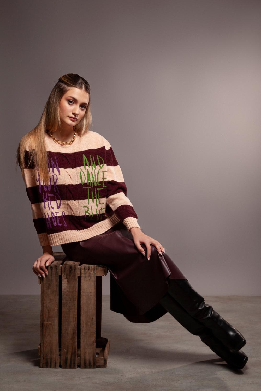 Lolitas&l Suéter De Punto Rayas Granate Jacquard Ochos Con Frase Estampada Lolitas&L