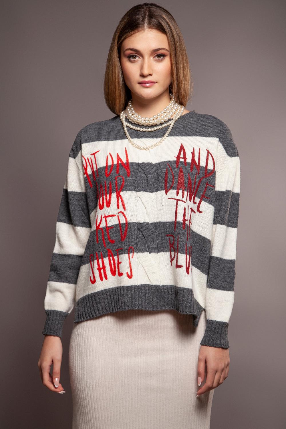 Lolitas&l Suéter De Punto Rayas Gris Jacquard Ochos Con Frase Estampada Lolitas&L
