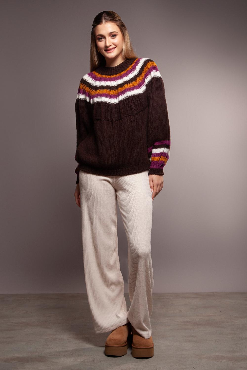 Lolitas&l Suéter Punto Jacquard Marrón Rayas Escote Bicolor Lolitas&L