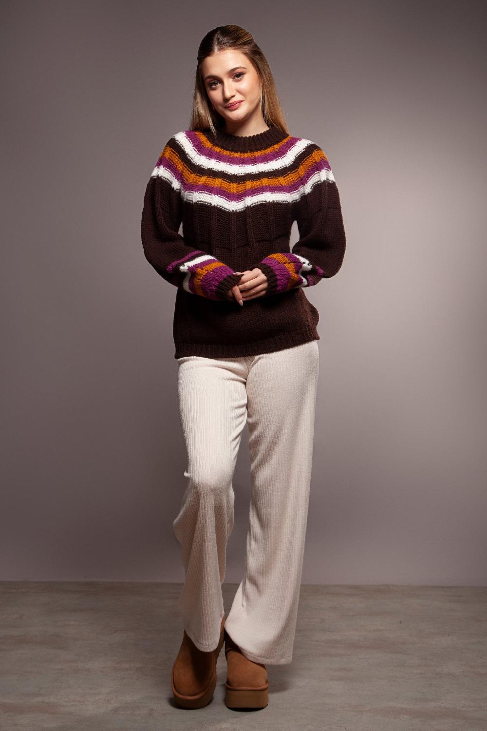 lolitas&l Suéter punto jacquard marrón rayas escote bicolor Lolitas&L