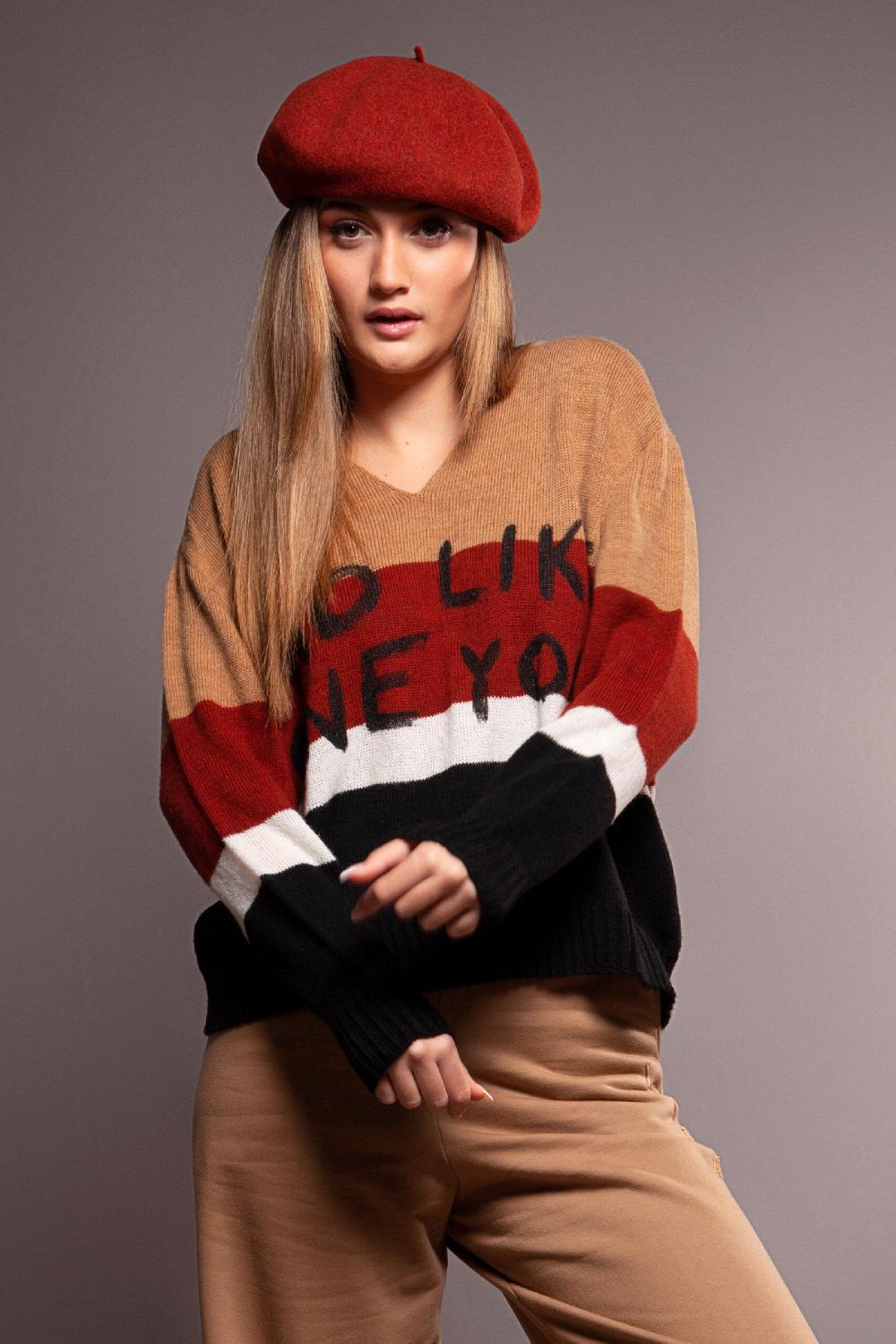 Lolitas&l Suéter Punto Rayas Beige Con Pintura Frase Lolitas&L