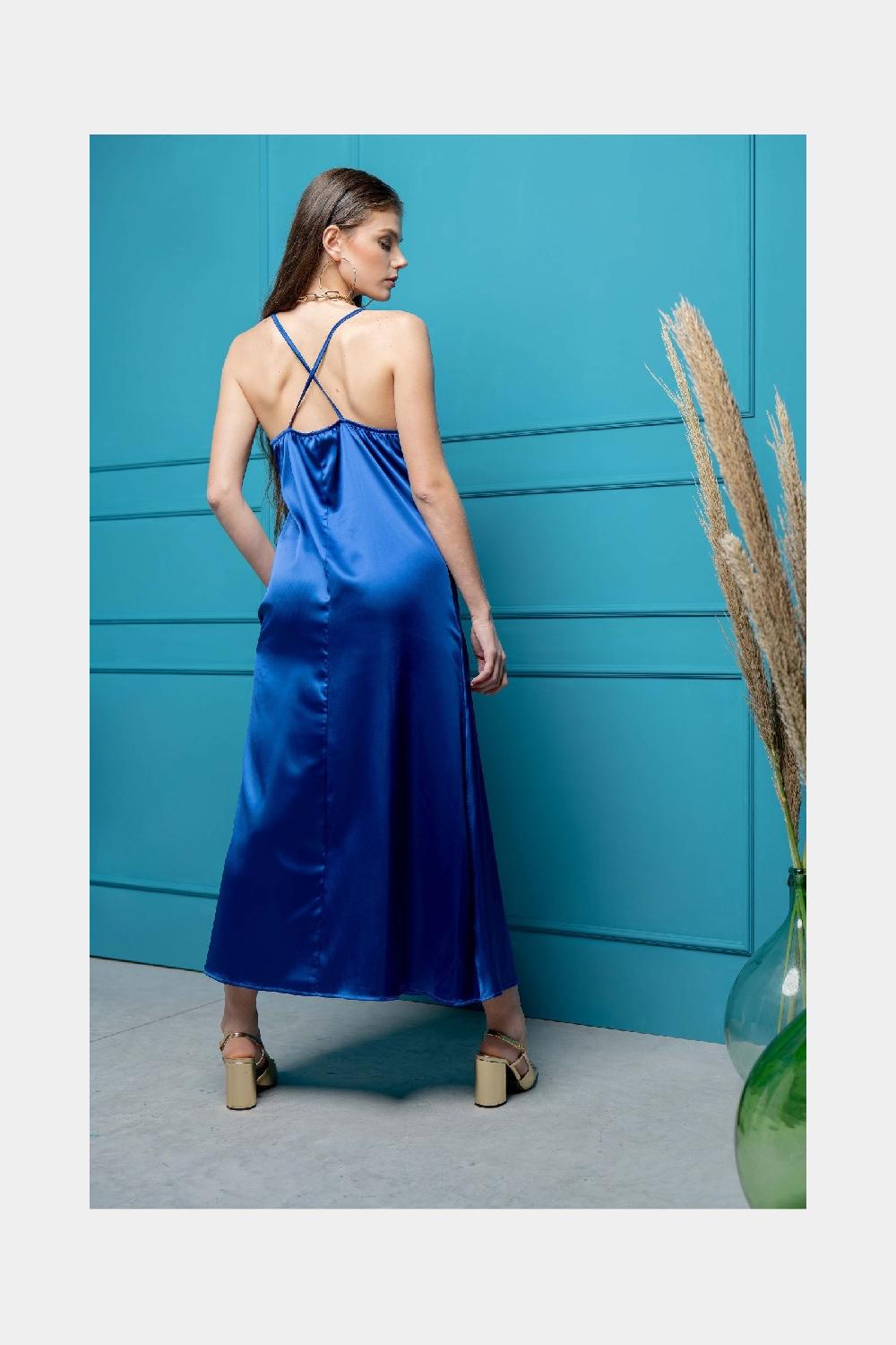 Lolitas&l Vestido Azul Royal Raso Largo Tirantes Con Escote Fruncido LolitasyL