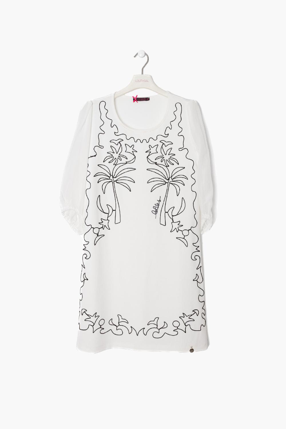 Lolitas&l Vestido Blanco Corto Bordado Contraste De Palmeras LolitasyL