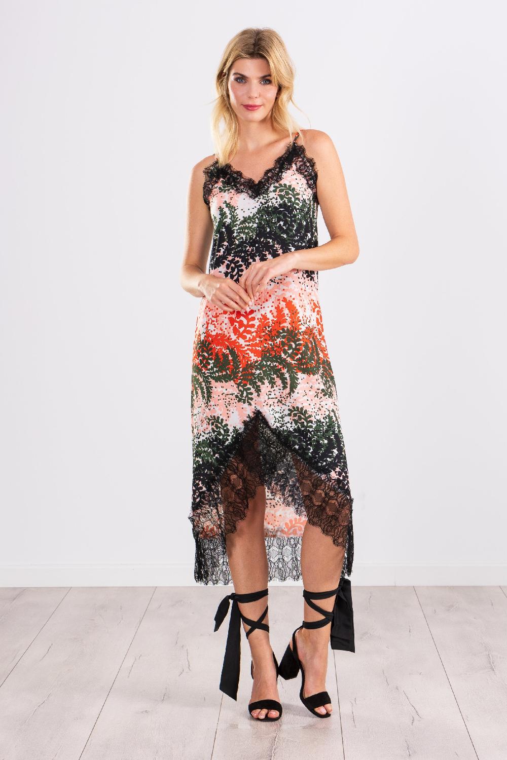 lolitas&l Vestido estampado leaves largo de tirantes con puntilla LolitasyL