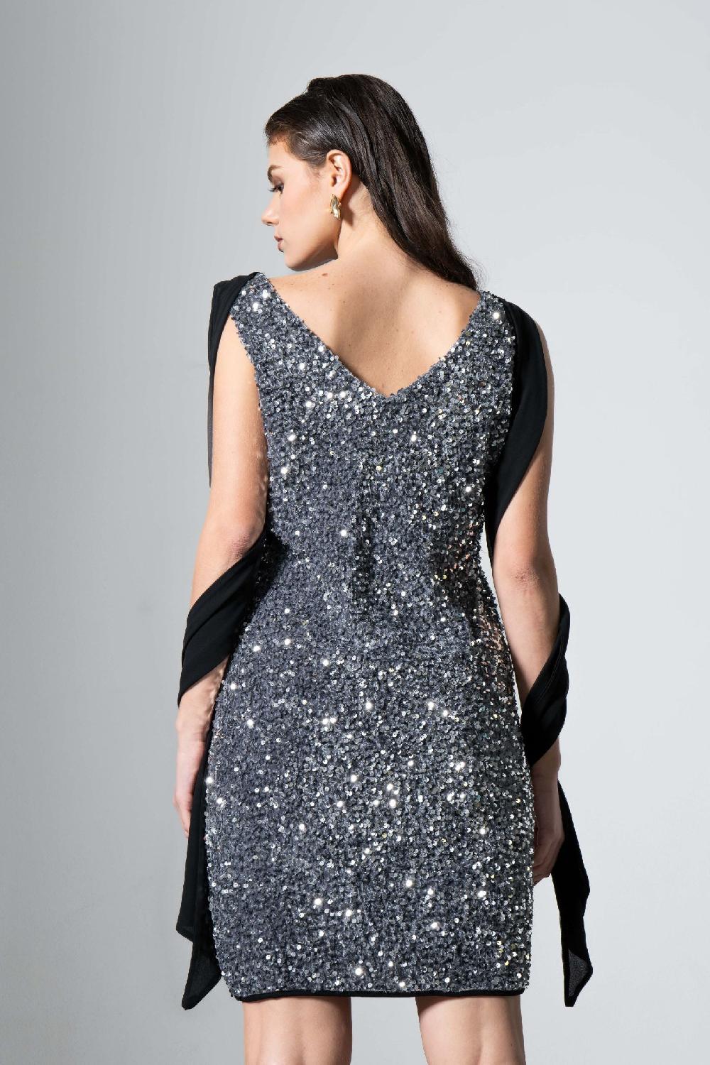 Lolitas&l Vestido Gris Corto Lentejuelas Con Capa De Gasa LolitasyL