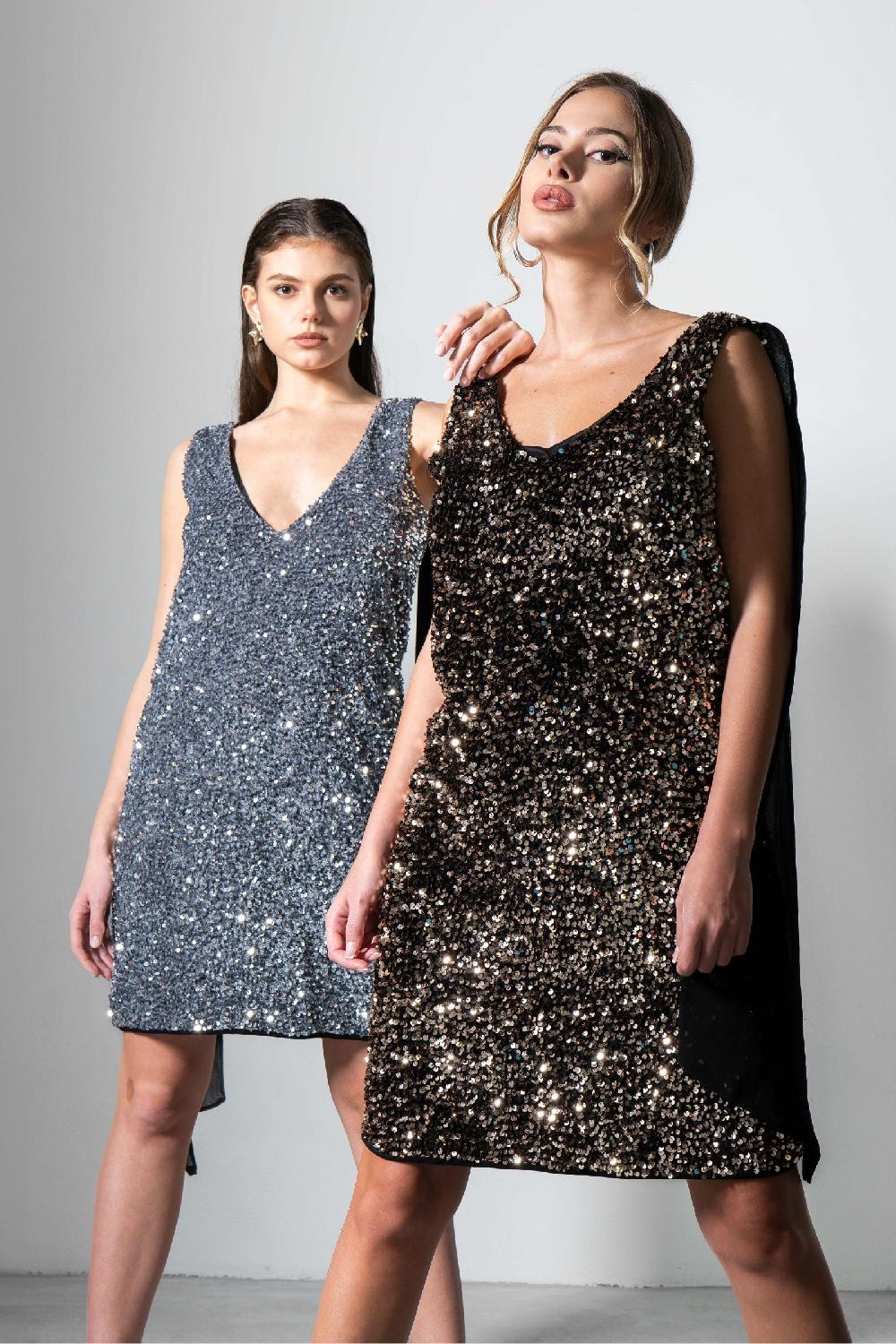 Lolitas&l Vestido Gris Corto Lentejuelas Con Capa De Gasa LolitasyL