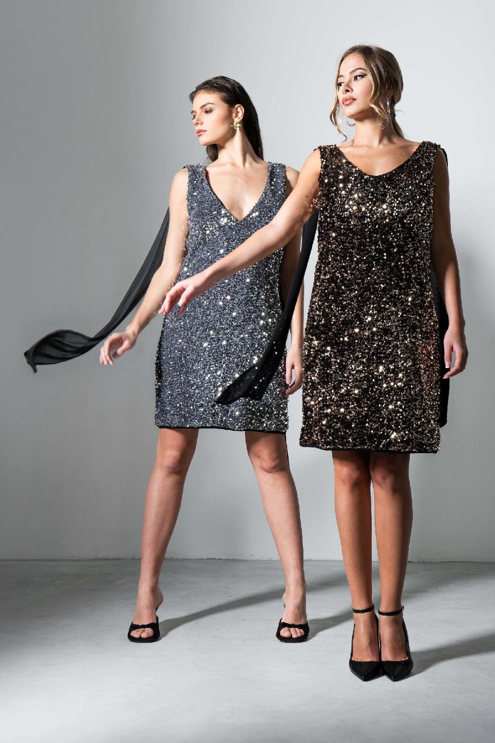 Lolitas&l Vestido Gris Corto Lentejuelas Con Capa De Gasa LolitasyL