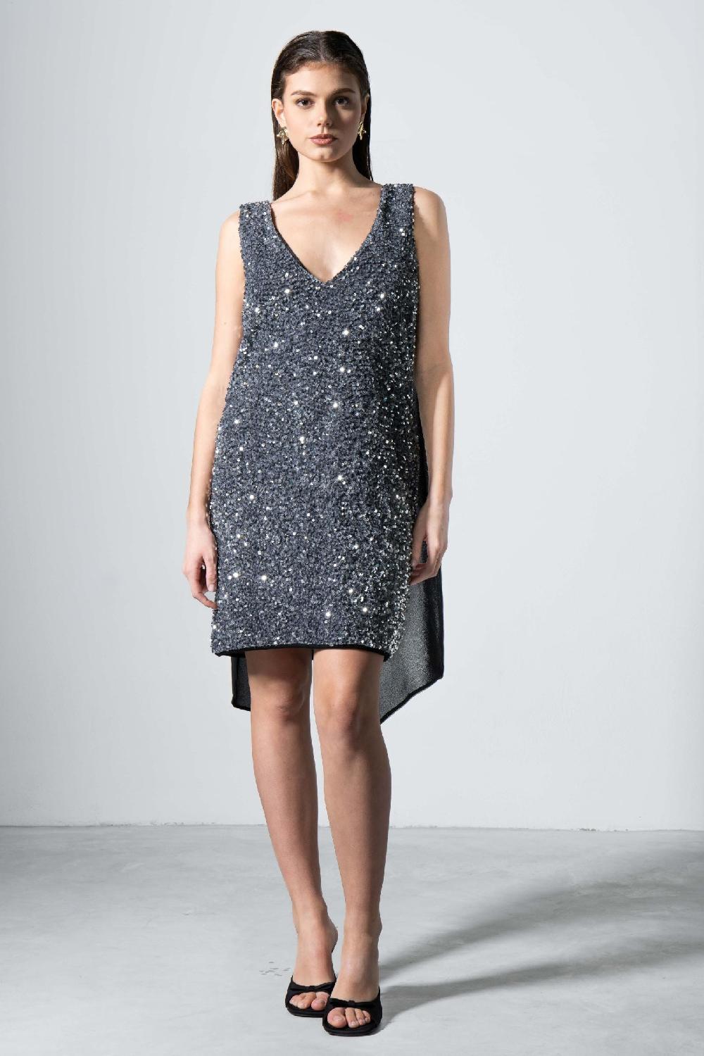 lolitas&l Vestido gris corto lentejuelas con capa de gasa LolitasyL