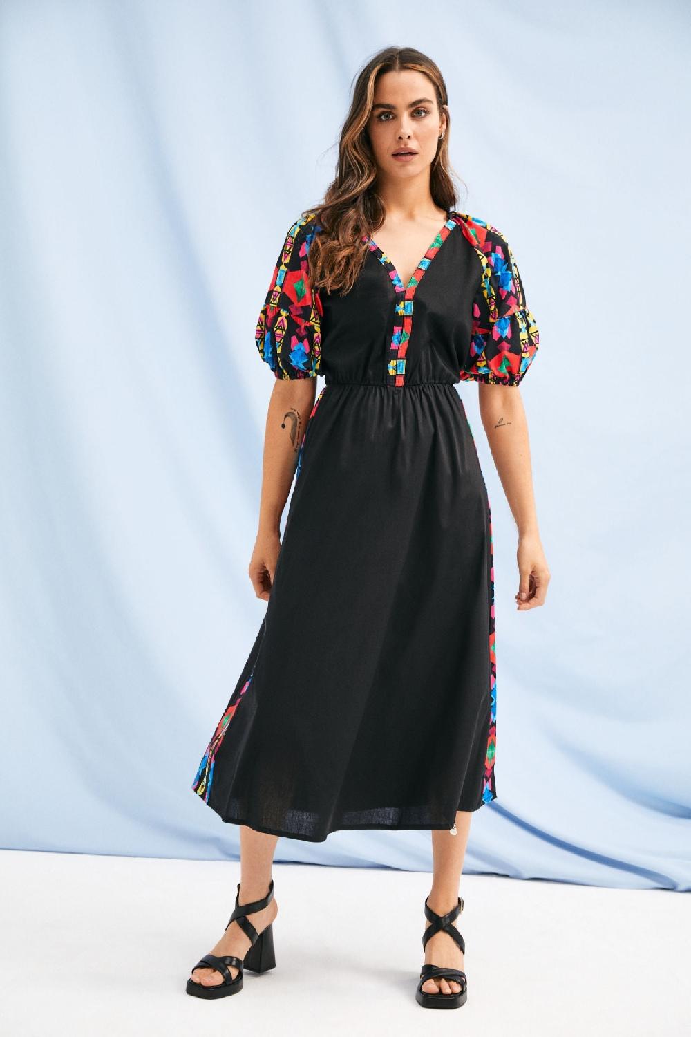 Lolitas&l Vestido Negro Largo Mangas Abullonadas Con Estampado Ethic Lolitas&L