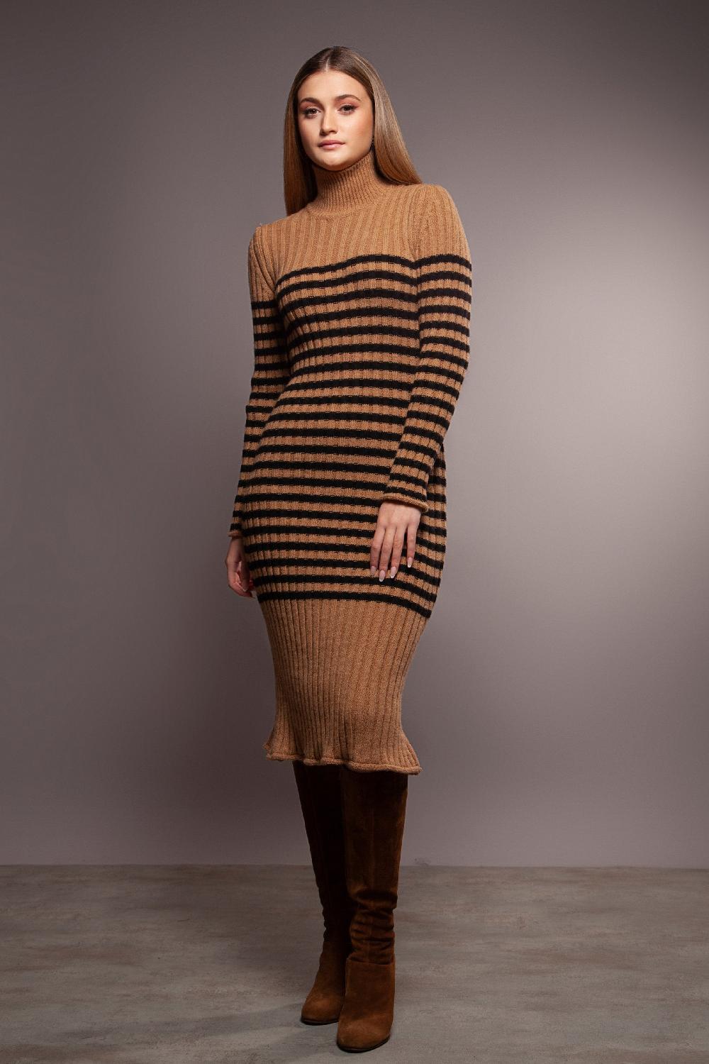 Lolitas&l Vestido Punto Beige De Rayas Jacquard Cuello Alto Lolitas&L