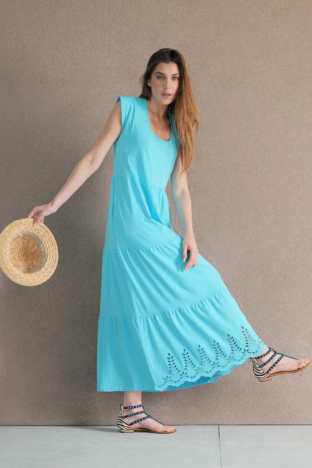 Lolitas&l Vestido Turquesa Algodon Largo Con Bordado Al Tono Lolitas&L