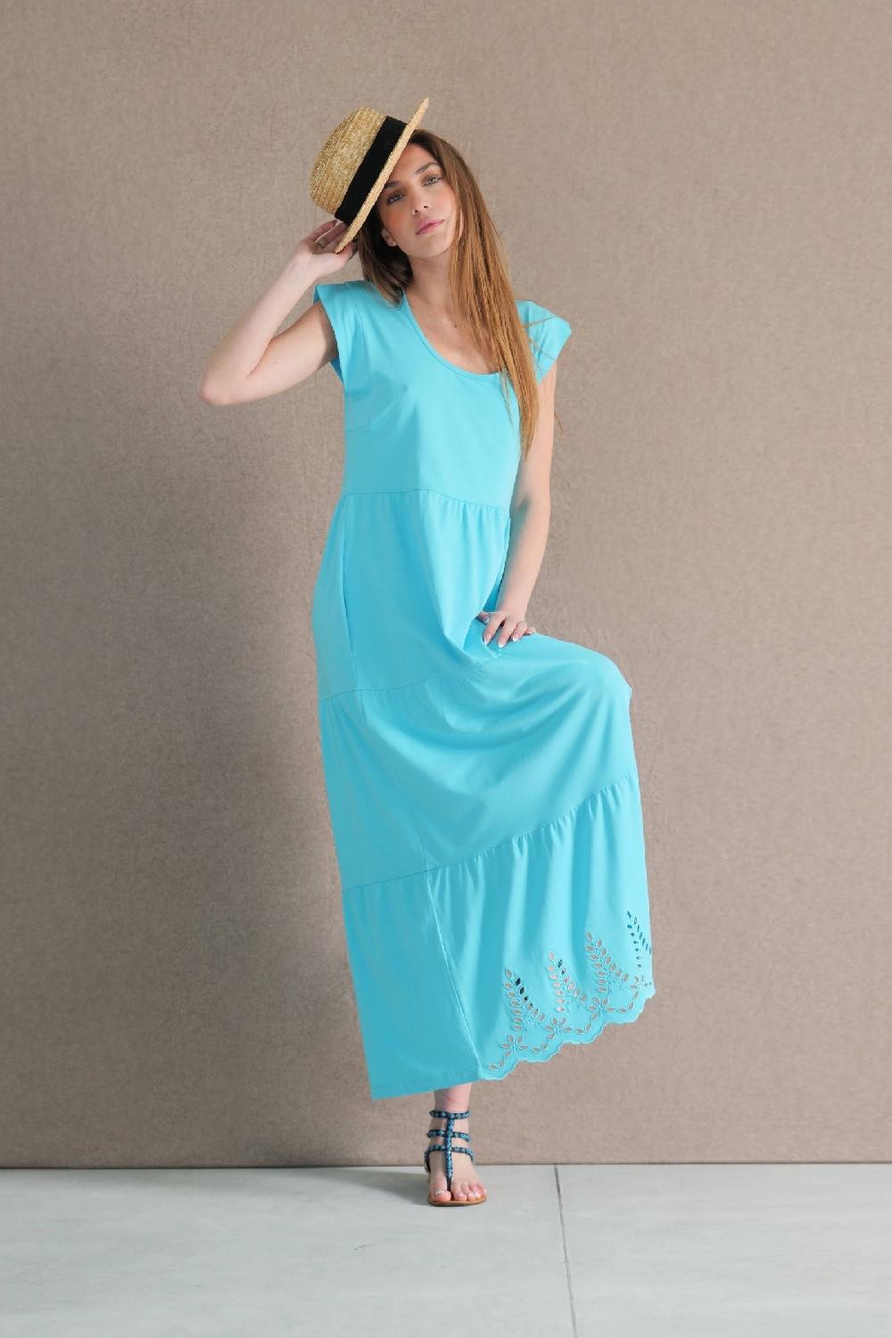 Lolitas&l Vestido Turquesa Algodon Largo Con Bordado Al Tono Lolitas&L