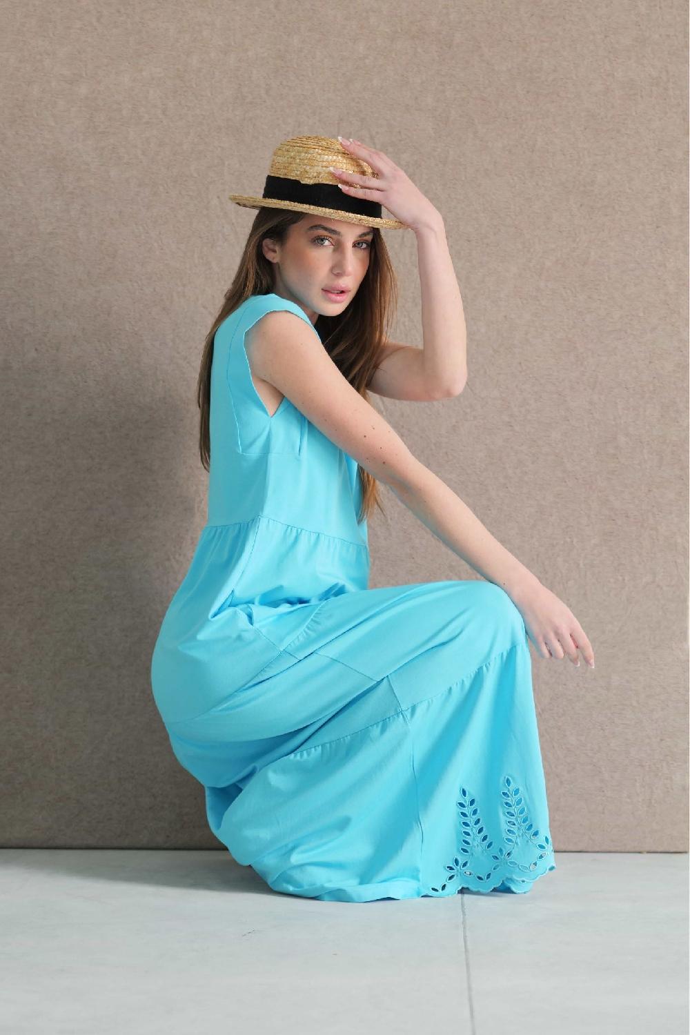 lolitas&l Vestido turquesa algodon largo con bordado al tono Lolitas&L