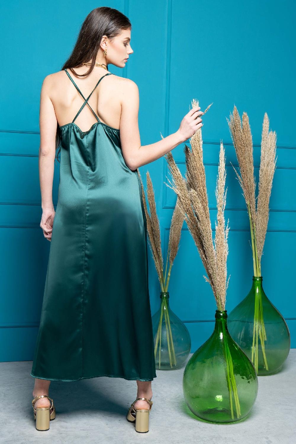 Lolitas&l Vestido Verde Raso Largo Tirantes Con Escote Fruncido LolitasyL