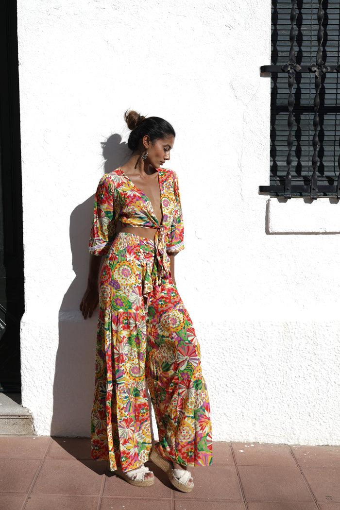 Luna Llena Pantalón Largo Luna Llena De Verano Estampado Flores Multicolor – Luna Llena