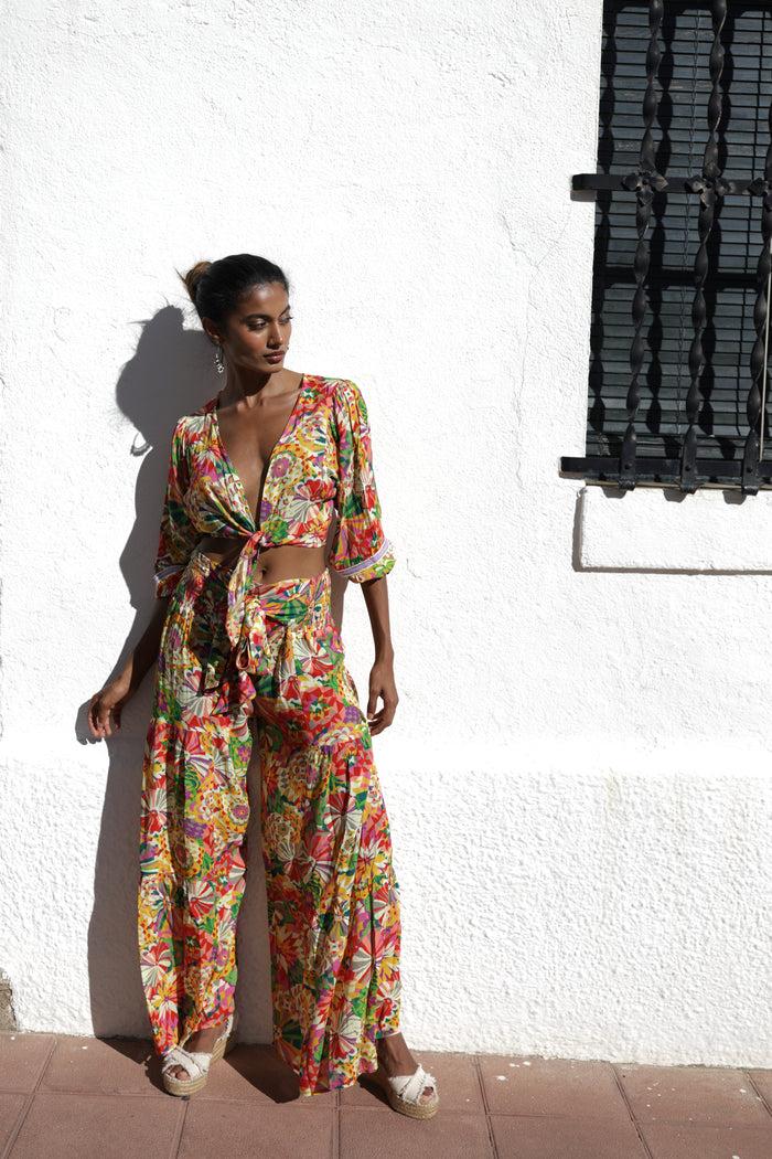 luna llena Pantalón largo luna llena de verano estampado flores multicolor – Luna Llena