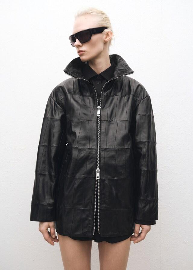 mango Abrigo oversize piel patchwork