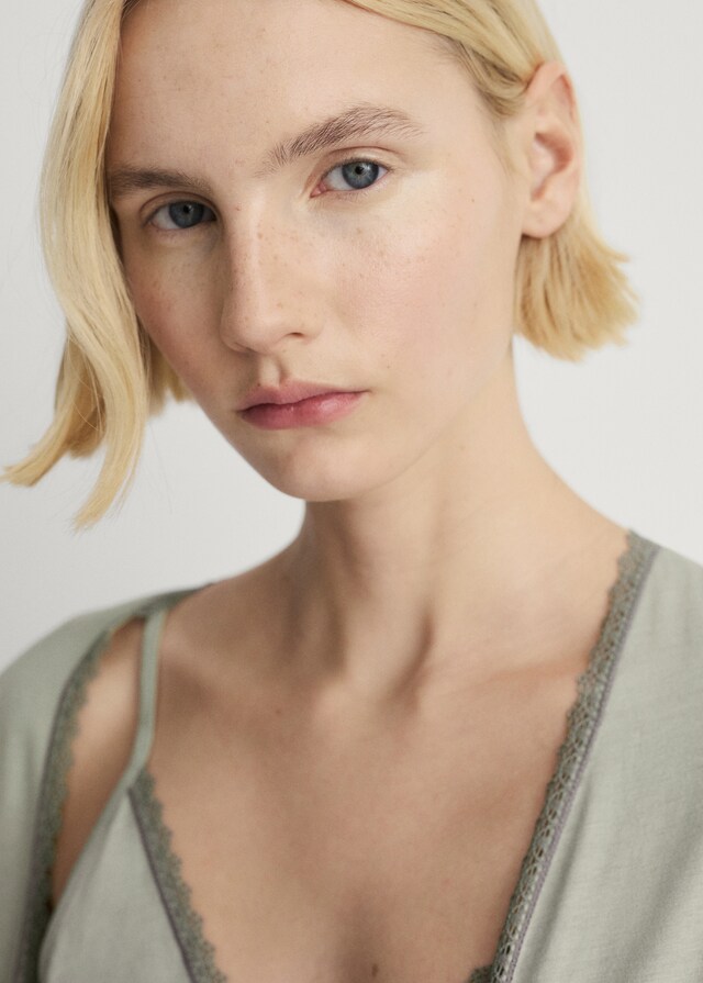 Mango Bata Algodón Puntilla Contratono