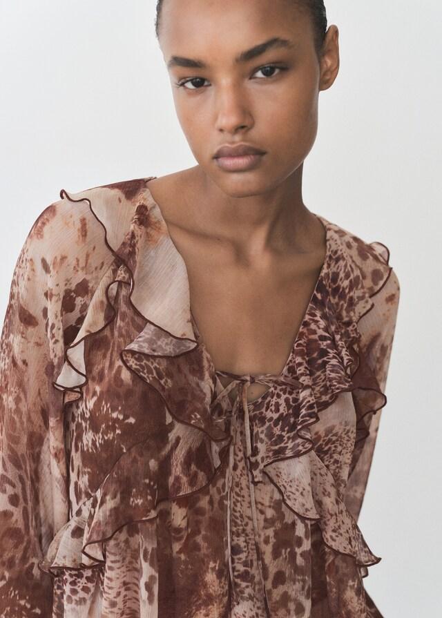 Mango Blusa Estampada Volantes Detalle Lazo
