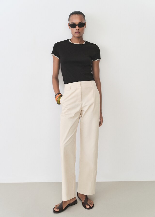 Mango Camiseta Algodón Ribetes Contraste