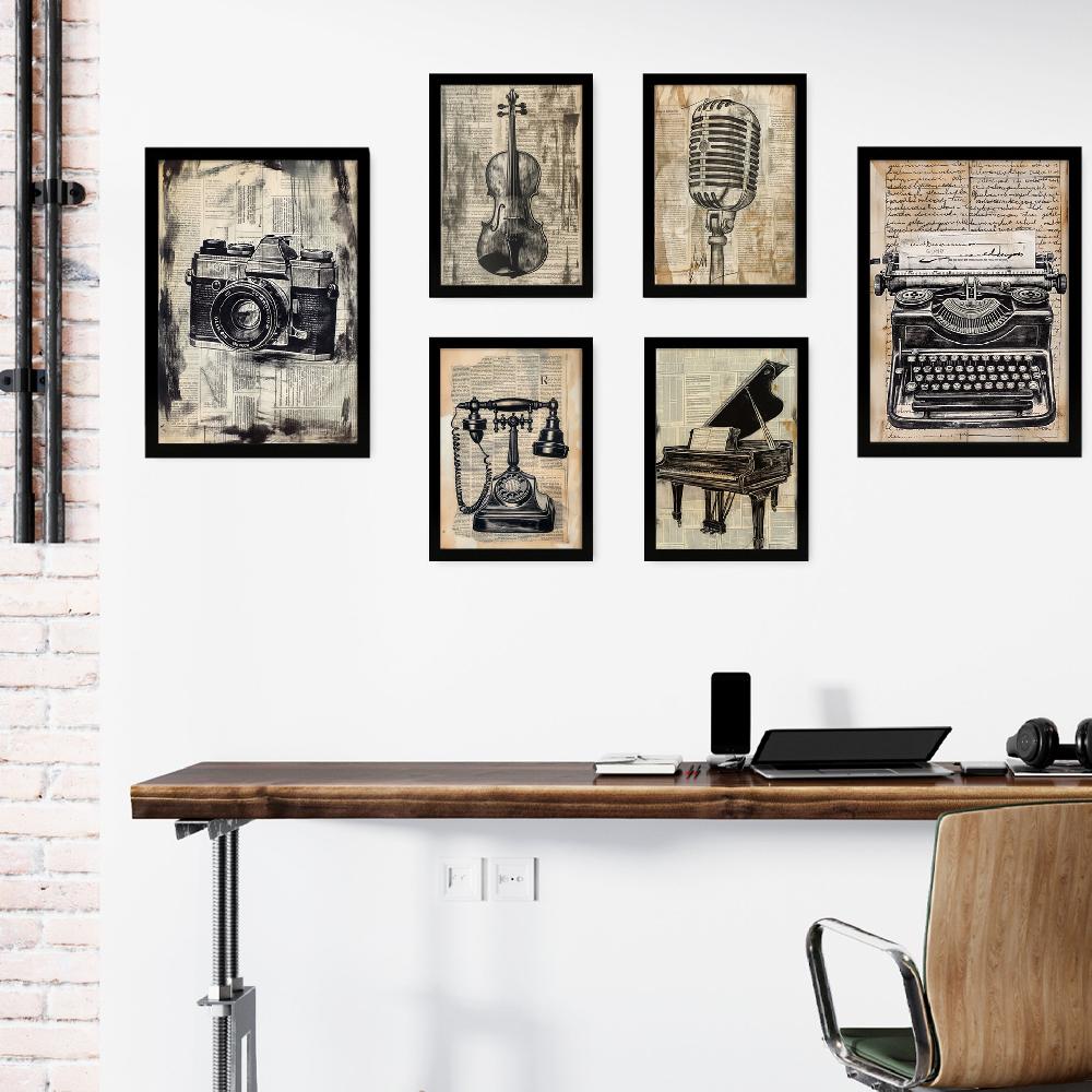 nacnic Amor Vintage. Cámara micro piano violín teléfono - Laminas