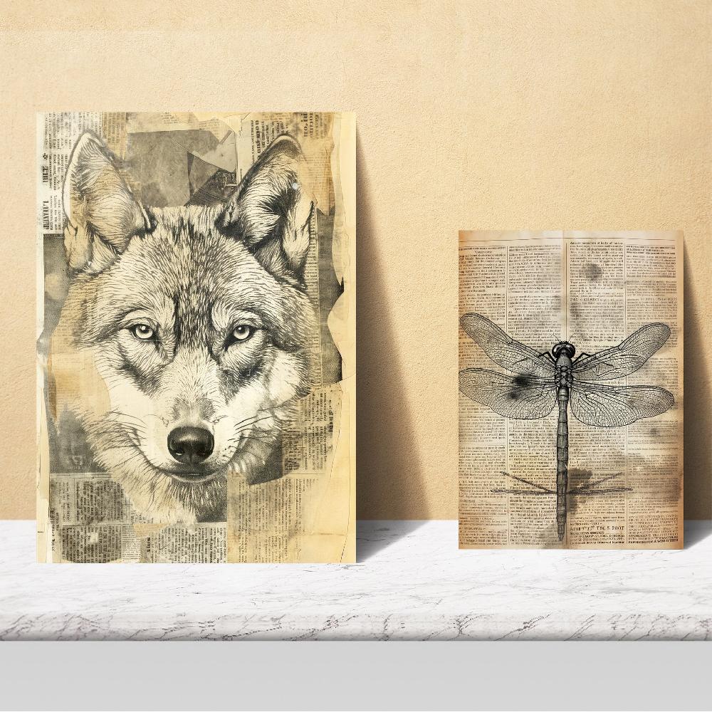 Nacnic Animales Vintage - Láminas De Pájaro Conejo Libélula Zorro Lobo Gato