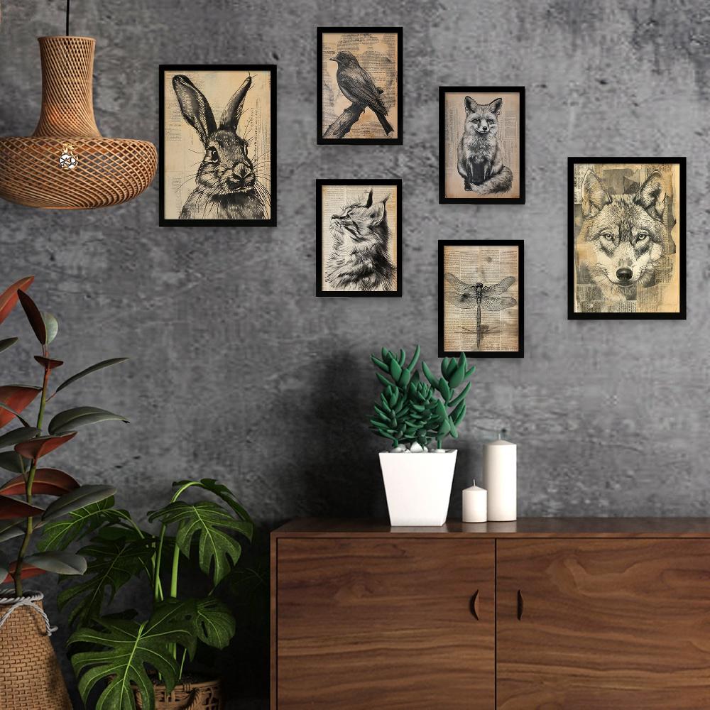 nacnic Animales Vintage - Láminas de Pájaro Conejo Libélula Zorro Lobo Gato