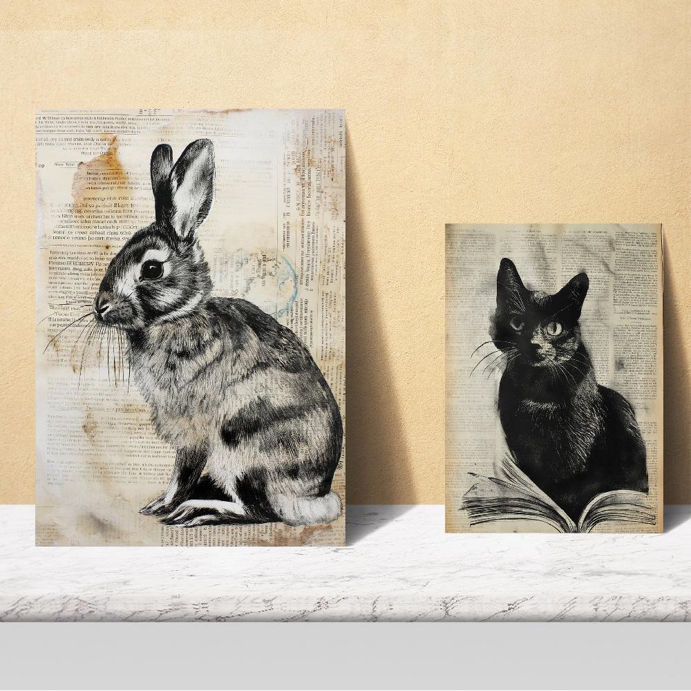 Nacnic Animales Vintage: Mariposa Ciervo Gato Pez Conejo Libélula - Láminas