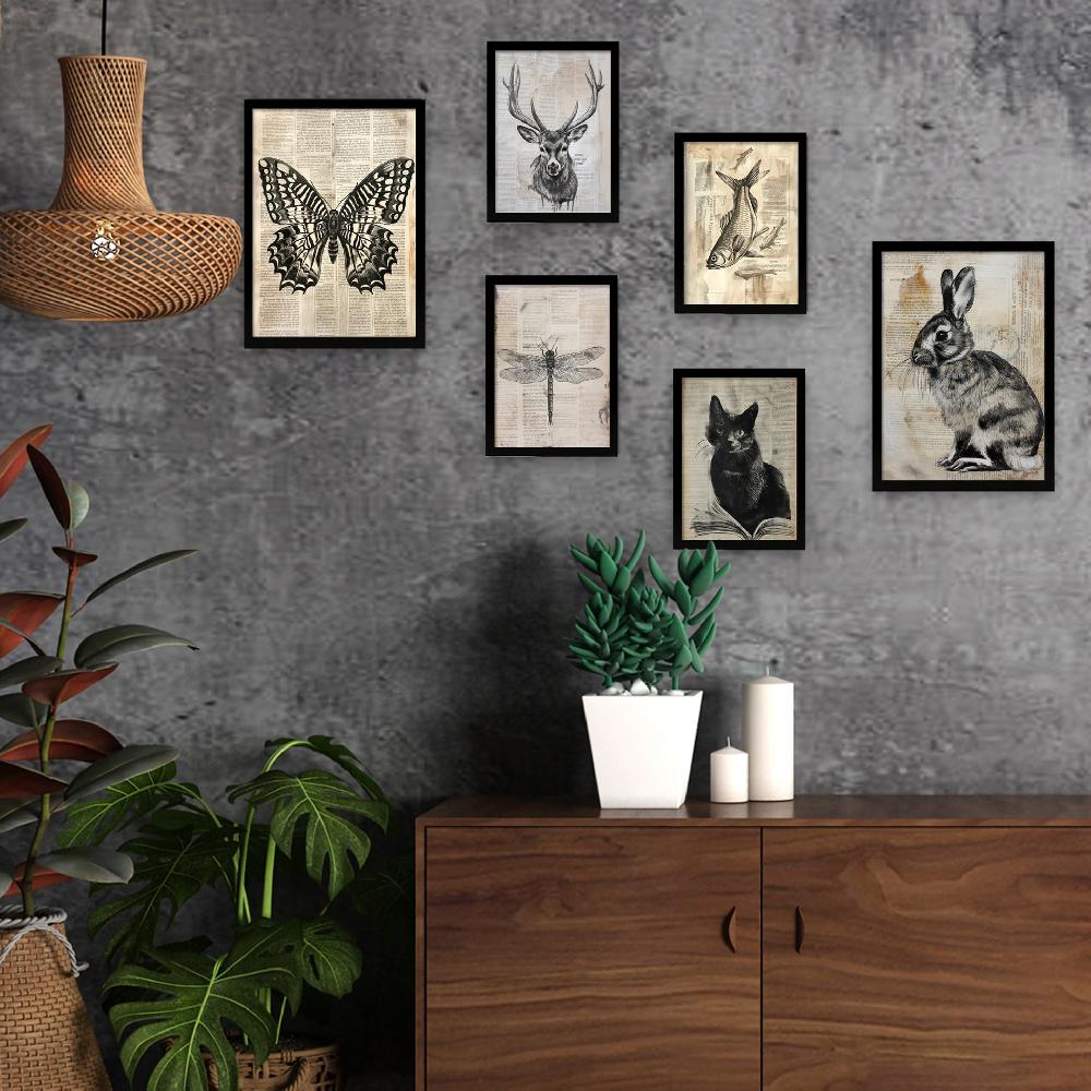 nacnic Animales Vintage: mariposa ciervo gato pez conejo libélula - Láminas