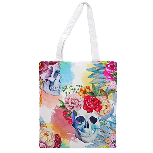 Nacnic Bolsa Tote De Tela | Diseño Calavera Con Flores | Bolso Con Asas Largas Multiusos Reutilizable Y Ecológico