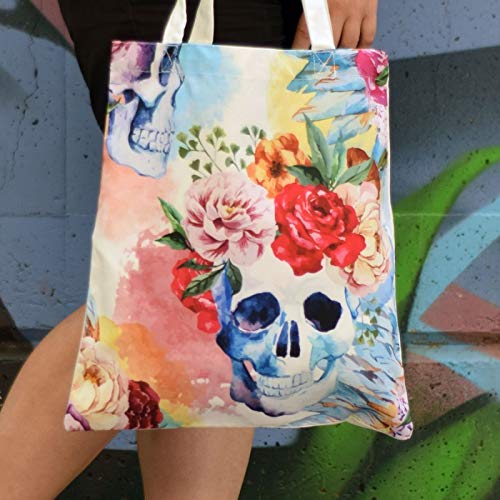 nacnic Bolsa Tote de tela | Diseño Calavera con flores | Bolso con asas largas multiusos reutilizable y ecológico
