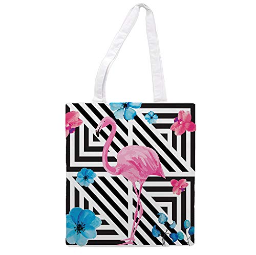 nacnic Bolsa Tote de tela | Diseño geométrico Flamenco y Flores | Bolso con asas largas multiusos reutilizable y ecológico