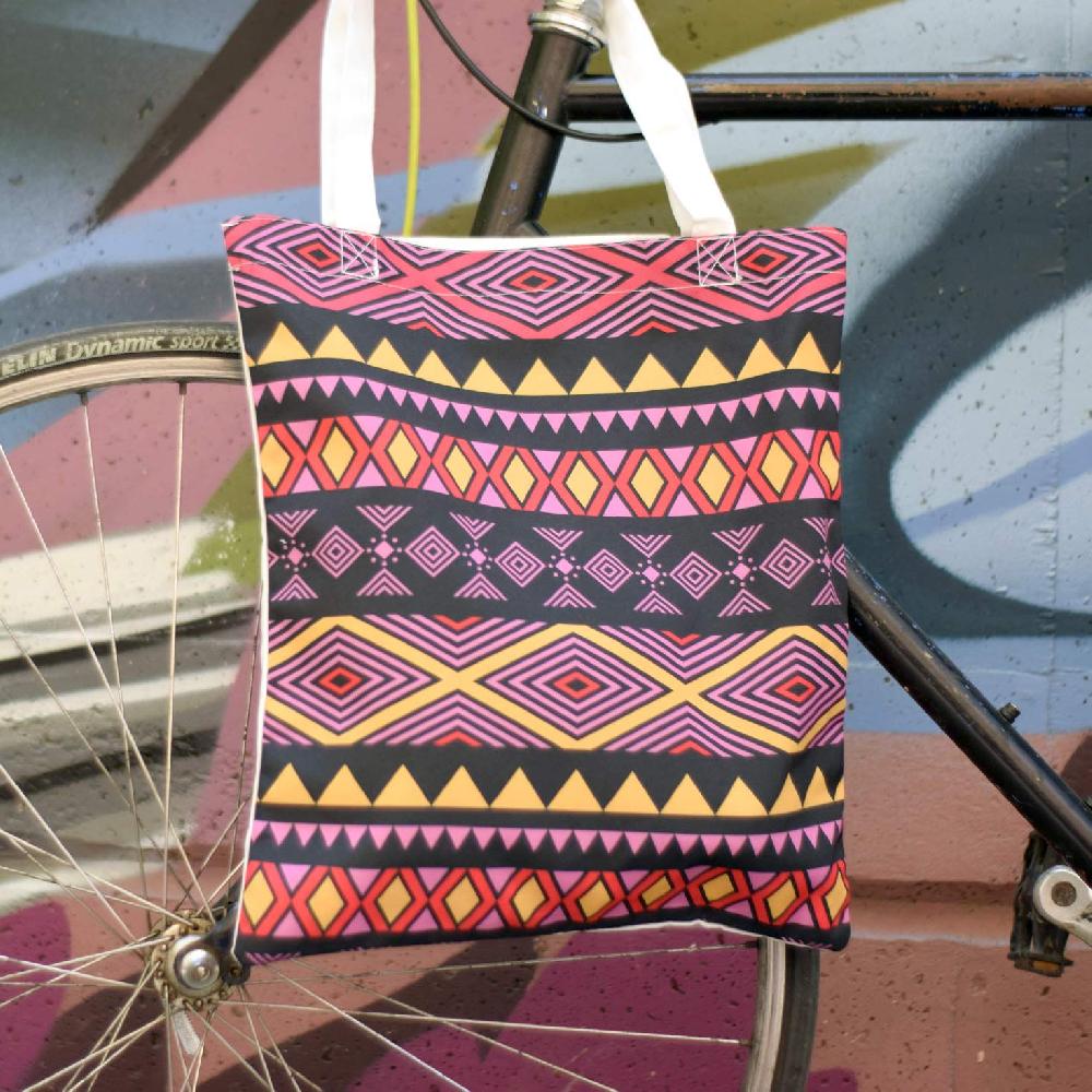 nacnic Bolsa Tote de tela | Estampado Geométrico Morado y Amarillo | Tote Bag con asas largas multiusos reutilizable y ecológica