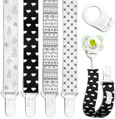 nacnic Clips para chupete – 4 unidades diseño único moderno de género neutro en blanco y negro. Clip para chupetes y chupetes. Hecho de poliéster de calidad y no tóxico para baby shower