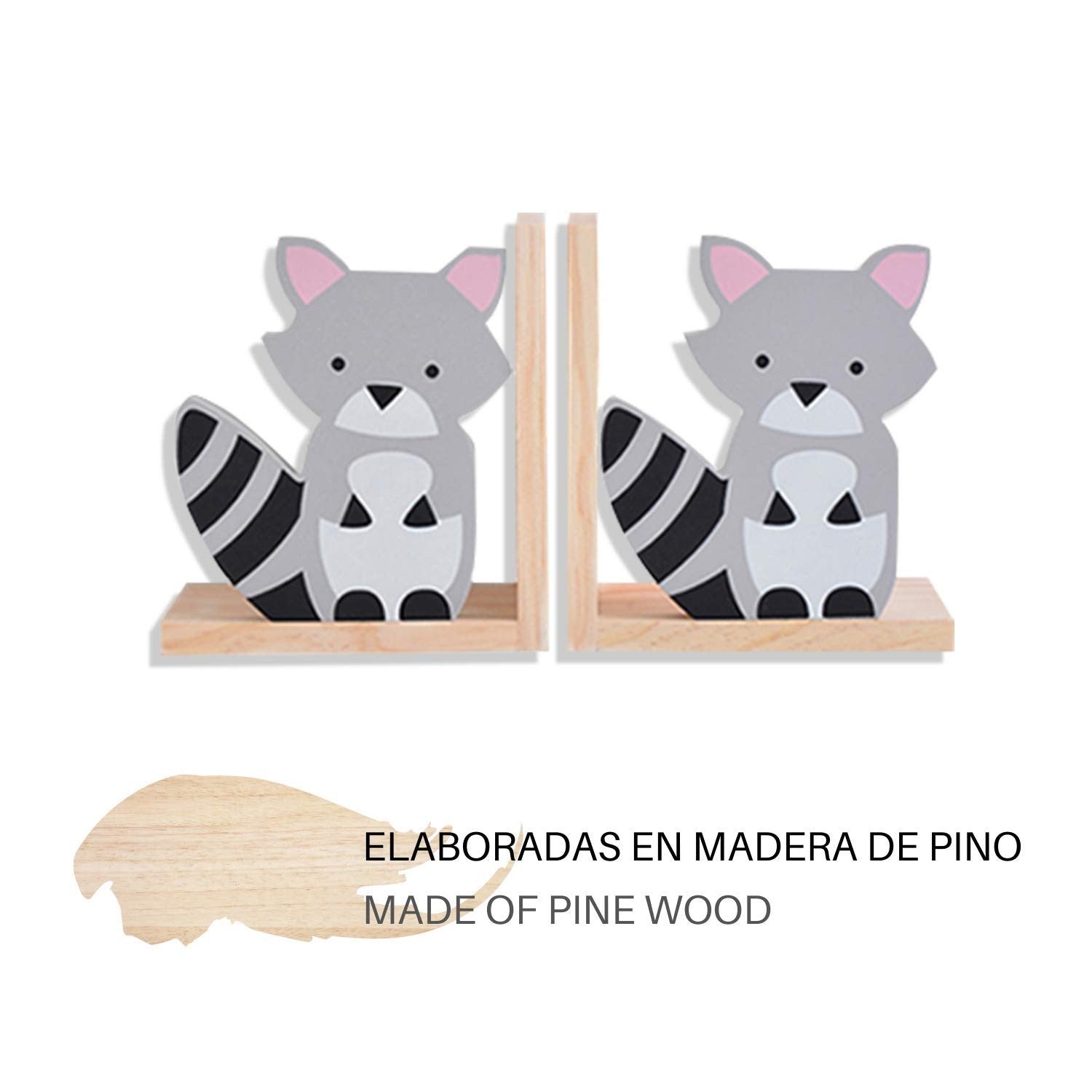 nacnic Juego de Dos Sujetalibros de Madera con Diseño de Mapache en Estilo Nórdico