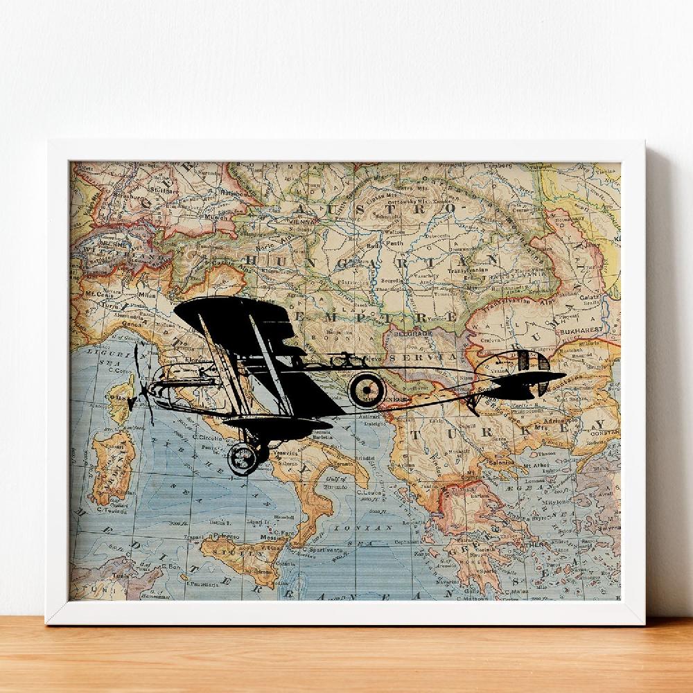 nacnic Lámina Avioneta a Europa con Diseño de Mapas Vintage