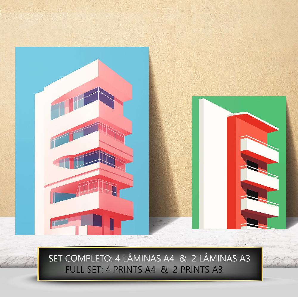 Nacnic Lámina Bauhaus Arquitectura Rosa Rojo Verde Aul