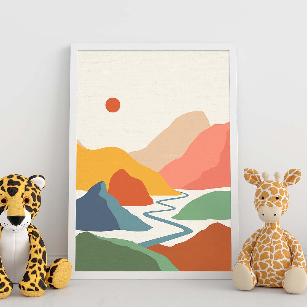 Nacnic Lámina De Decoración Rio Y Sol Con Dibujos De Montañas A Color