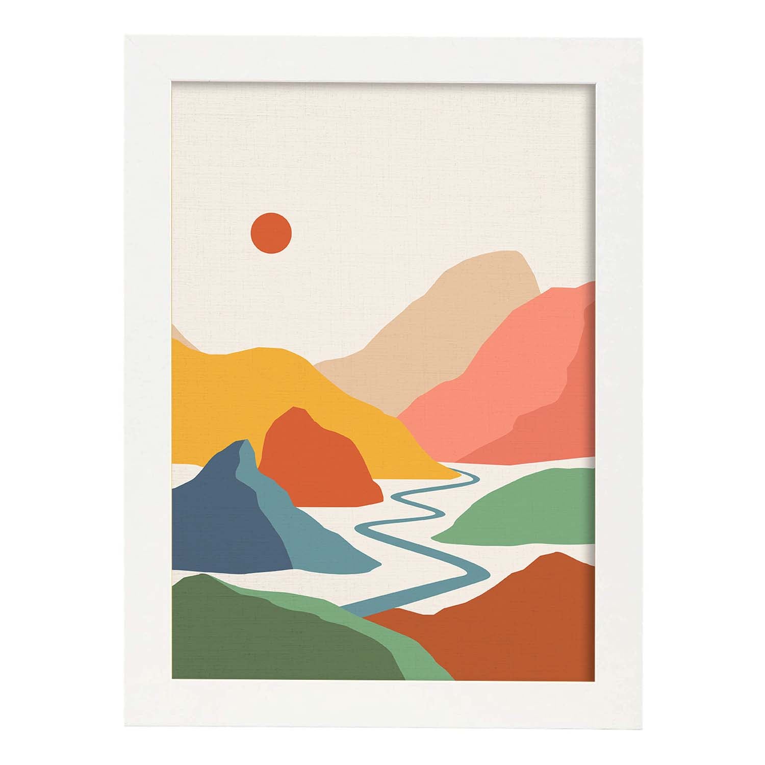 Nacnic Lámina De Decoración Rio Y Sol Con Dibujos De Montañas A Color