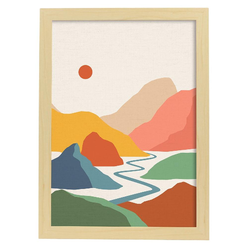 Nacnic Lámina De Decoración Rio Y Sol Con Dibujos De Montañas A Color