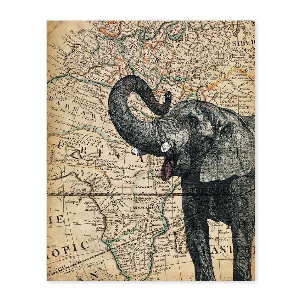 nacnic Lámina de Elefante en África con Mapas e Imágenes Vintage
