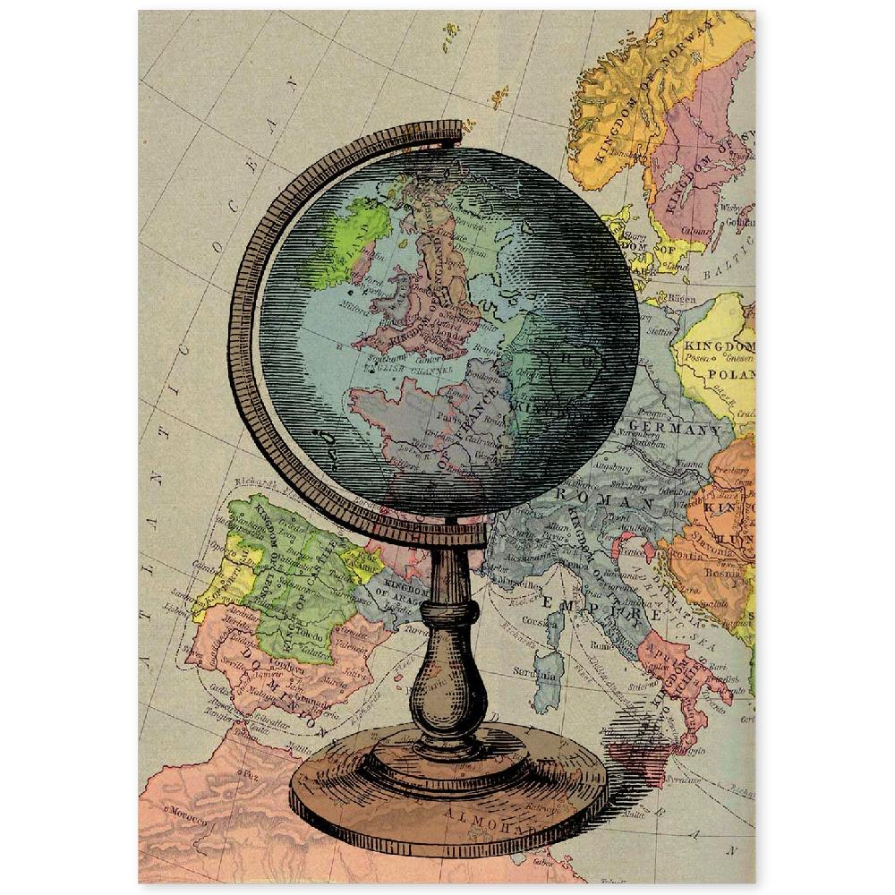 nacnic Lámina de Globo Terráqueo en Europa con Imágenes de Globos Aeroestáticos